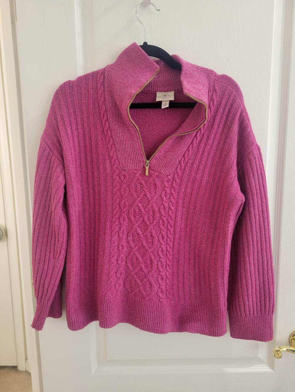 St. John's Bay Pink Cable Knit Sweater Large Fuchsia Mock Neck Half Zip Cozy